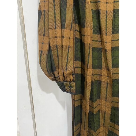James Galanos Sz XS Silk Dress Shift Green Brown Plaid Long Bishop Sleeves MIDI - Picture 11 of 15